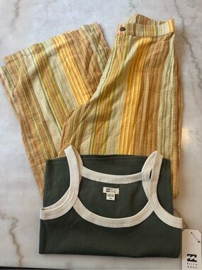 Billabong Women’s striped Linen-Blend Wide Leg Pants in Yellow & Olive Tank Set